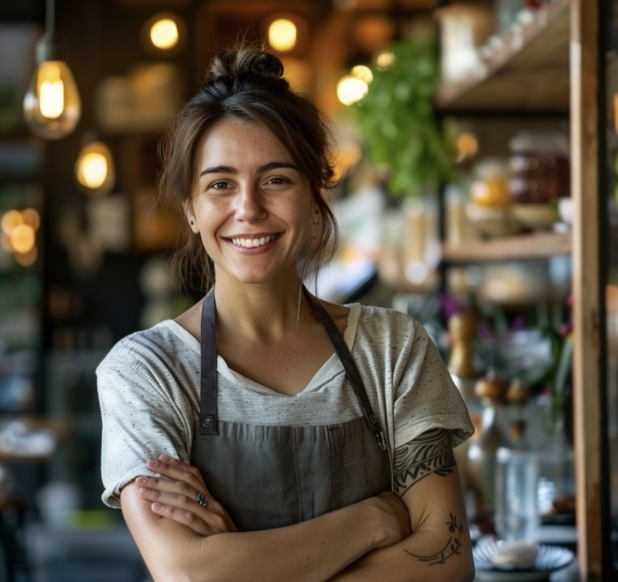 a happy restaurant business owner, realistic photo