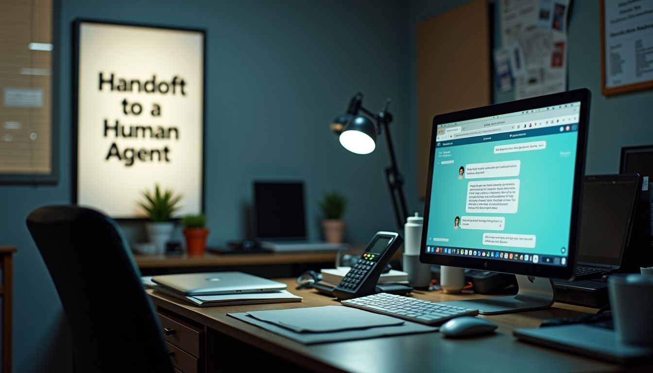 A cluttered office desk with a chatbot conversation on the computer screen.