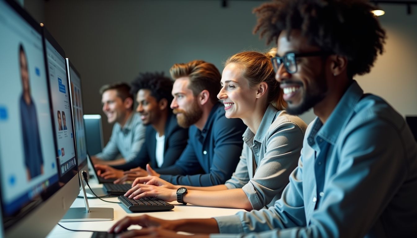 A group of young professionals working with AI chatbots in an office.