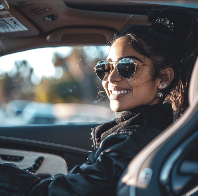 person smilling driving a luxury car