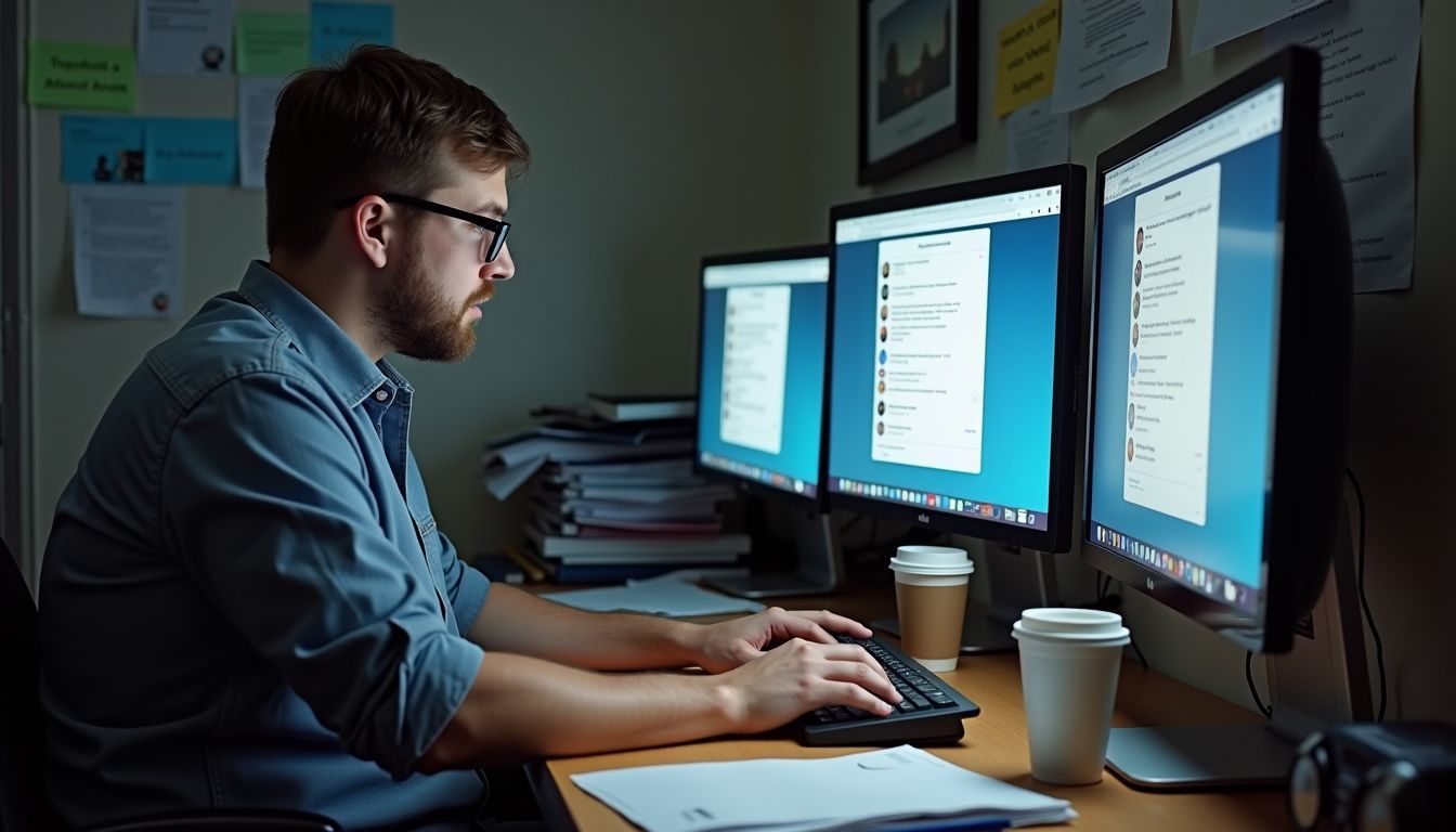 A person works at cluttered desk with multiple chat platforms open.