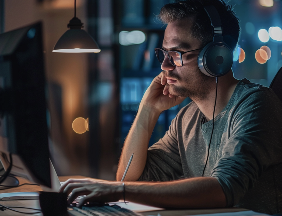 customer support agent working late at night in his office