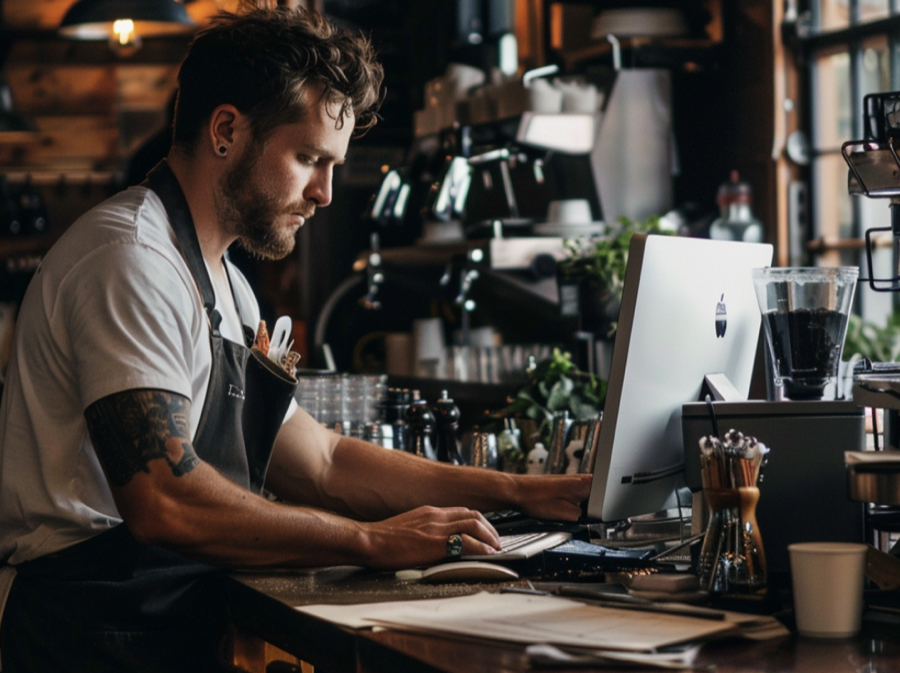 restaurant owner managing bookings on his computer